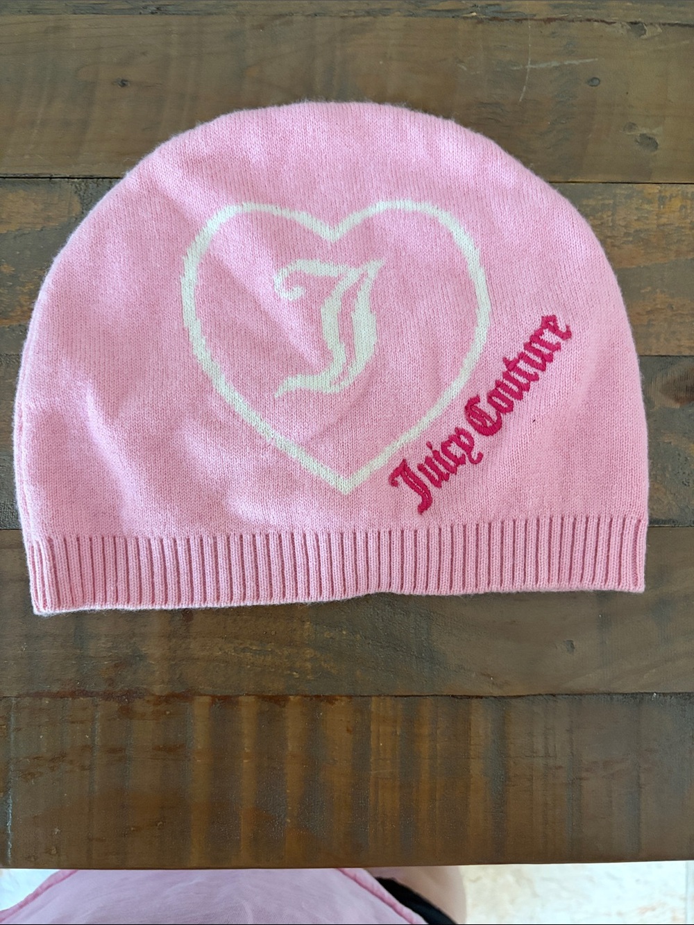 VINTAGE Juicy Couture Pink Knit Beanie with White Heart and Logo